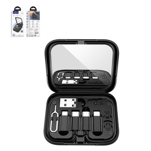USB кабель Hoco U114, USB тип C, USB тип A, micro USB тип B, Lightning, 2xUSB тип C, 28 см, 60 Вт, 3 A, черный, с коробкой для хранения, с зеркалом, с адаптерами, 6 в 1, #6931474790750