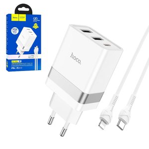 Сетевое зарядное устройство Hoco N21 Pro, 30 Вт, Power Delivery PD , белый, c кабелем USB тип C к Lightning для Apple, 3 порта, #6931474778796