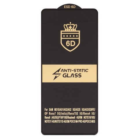Защитное стекло ESD 6D для Realme 10, 11 4G, 9 Pro plus; Oppo A74, A78 4G CPH2565 , A93 4G, A94 4G, A94 5G, A95 4G, F19 Pro, F19 Pro Plus 5G, Reno 7, Reno 7 5G, Reno 8, Reno 8T, Reno4 Lite, Reno5 Lite, Reno5 Z; Xiaomi Redmi Note 10, Redmi Note 10S, Redmi Note 11, Redmi Note 12S; Samsung A515 Galaxy A51, A525 Galaxy A52, A536 Galaxy A53 5G, G780 Galaxy S20 FE, G781 Galaxy S20 FE 5G, совместимо с чехлом, Full Glue, Anti Static, без упаковки , черный