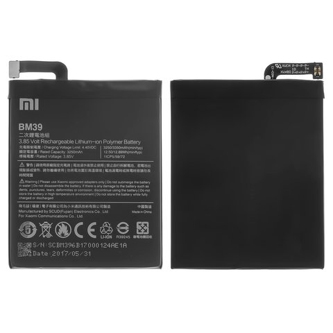 Batería BM39 puede usarse con Xiaomi Mi 6, Li Polymer, 3.85 V, 3350 mAh, Original PRC , MCE16