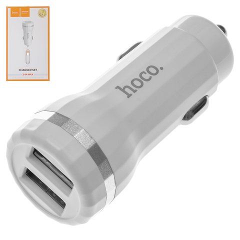 Car Charger Hoco Z27, 12 V, 2 USB outputs 5V 2.4A , white, with micro USB cable Type B, 12 W  #6957531092841