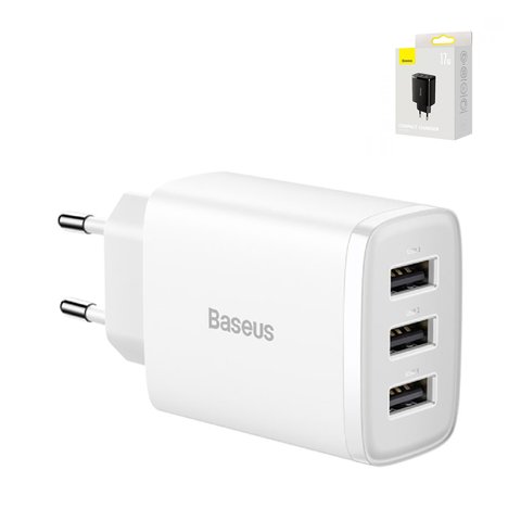 Mains Charger Baseus Compact Charger, 17 W, white, 3 outputs  #CCXJ020102
