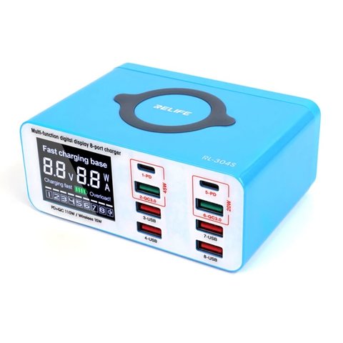 Mains Charger RELIFE RL 304S, 110 W, Wireless Charge, Quick Charge, Power Delivery PD , 8 port 