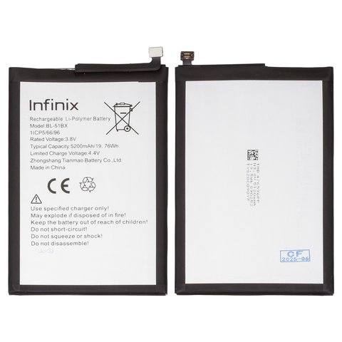 Batería BL 51BX puede usarse con Infinix Hot 10 X682 , Hot 11, Note 8 X692 , Note 8i X683 , Li Polymer, 3.8 V, 5200 mAh, Original PRC 