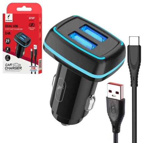 Автомобильное зарядное устройство SkyDolphin SZ18T, черное, с подсветкой, с USB кабелем тип C, 15 Вт, 3,4 А, 2 порта